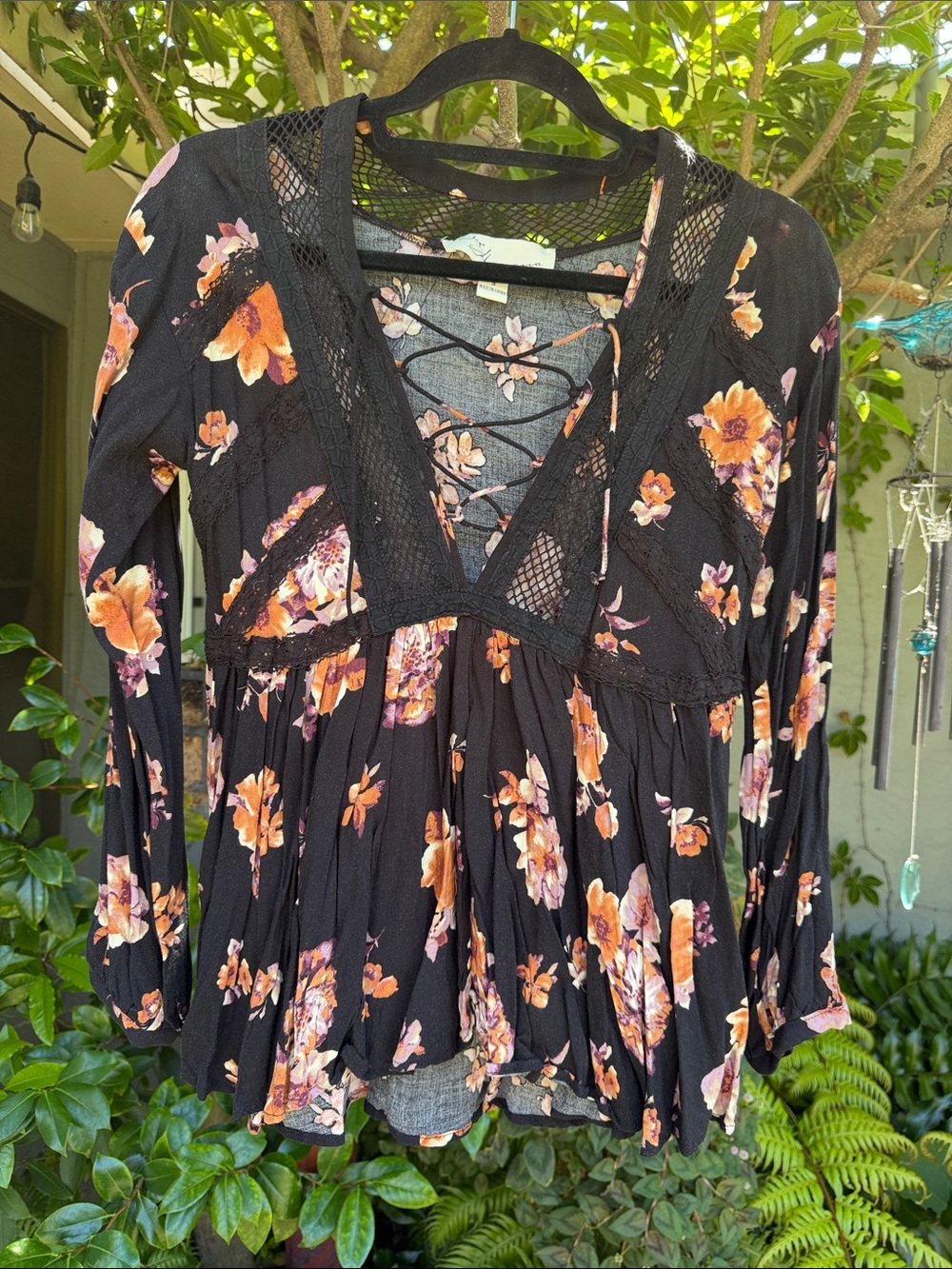 Vintage Black Lace-Up Floral Tunic with Orange & Pink Flowers